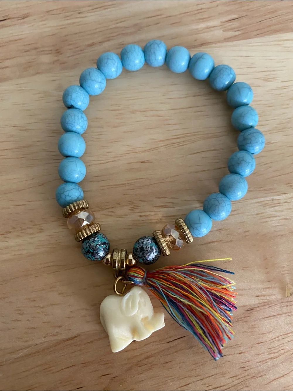 Turquoise Blue Beaded Stretch Bracelet Ivory Elephant Charm Multicolor Tassel